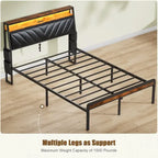 Queen Size Platform Bed with Tilted Upholstered Headboard, Charging Station, and LED Lights