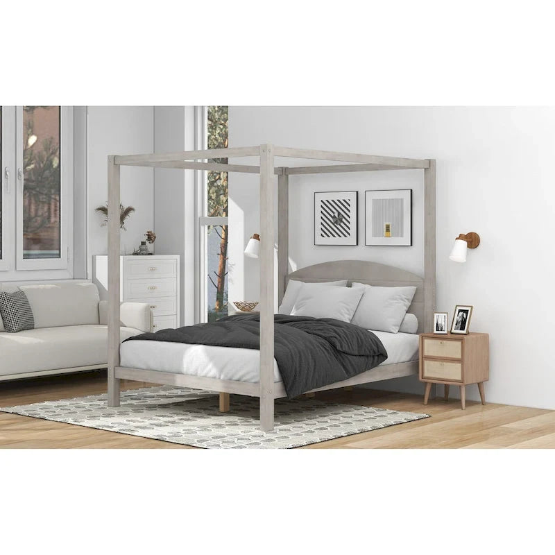 Pine Wood Canopy Platform Bed with Headboard, Support Legs, Wash Finish