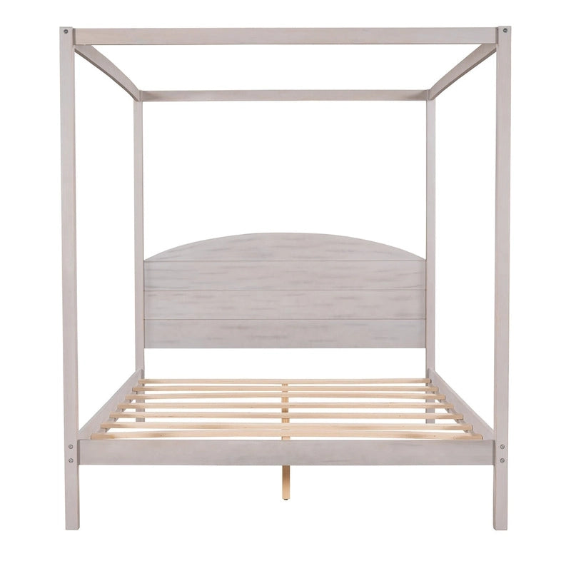 Pine Wood Canopy Platform Bed with Headboard, Support Legs, Wash Finish