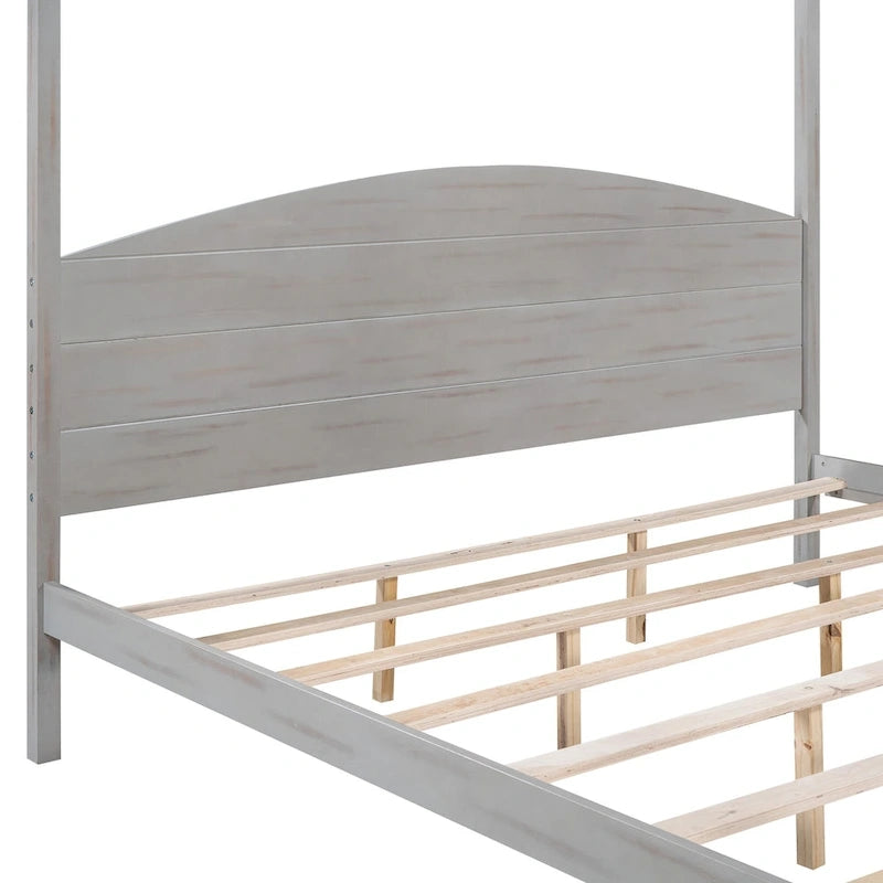 Pine Wood Canopy Platform Bed with Headboard, Support Legs, Wash Finish