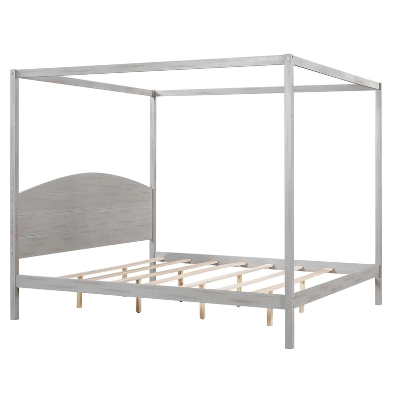 Pine Wood Canopy Platform Bed with Headboard, Support Legs, Wash Finish