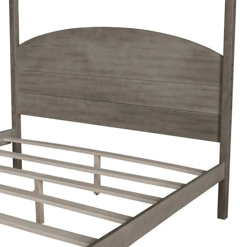 Pine Wood Canopy Platform Bed with Headboard, Support Legs, Wash Finish