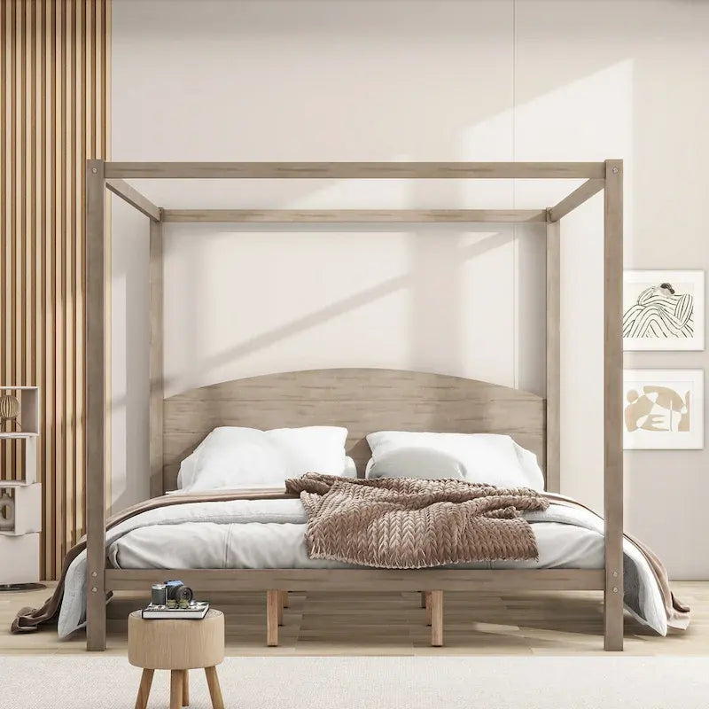 Pine Wood Canopy Platform Bed with Headboard, Support Legs, Wash Finish