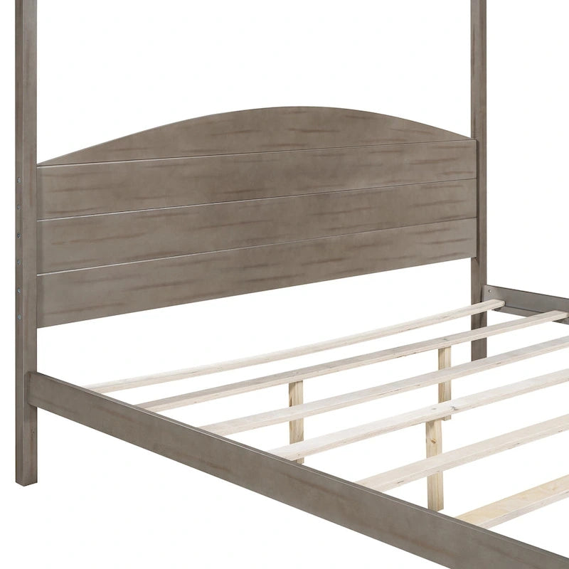 Pine Wood Canopy Platform Bed with Headboard, Support Legs, Wash Finish
