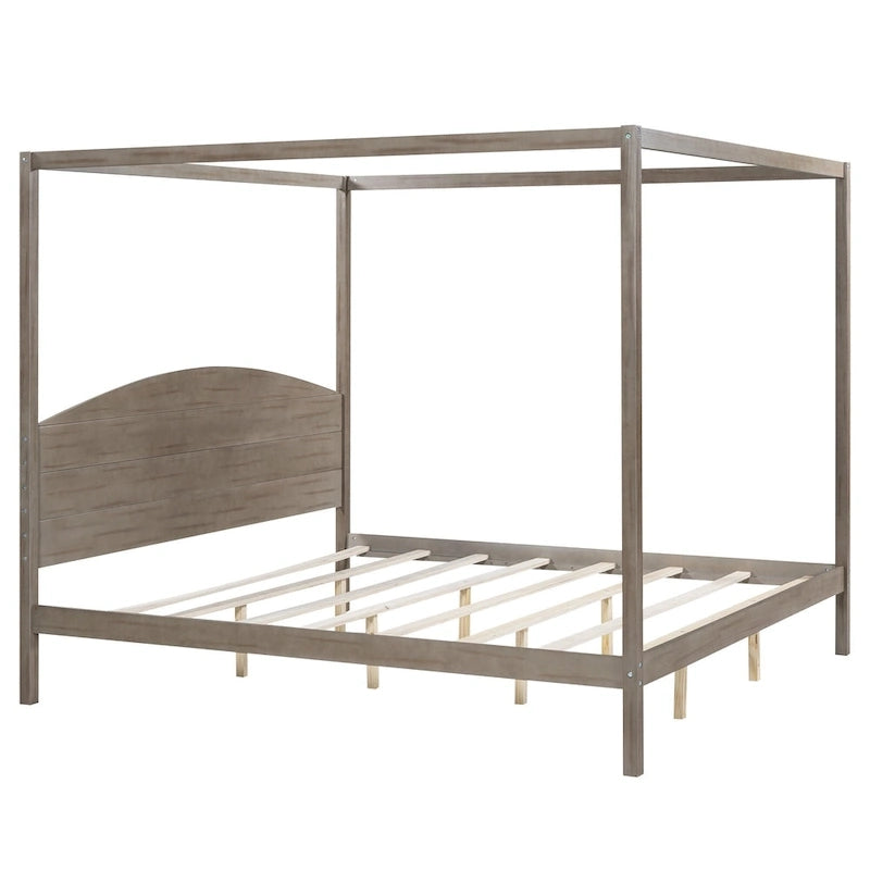 Pine Wood Canopy Platform Bed with Headboard, Support Legs, Wash Finish