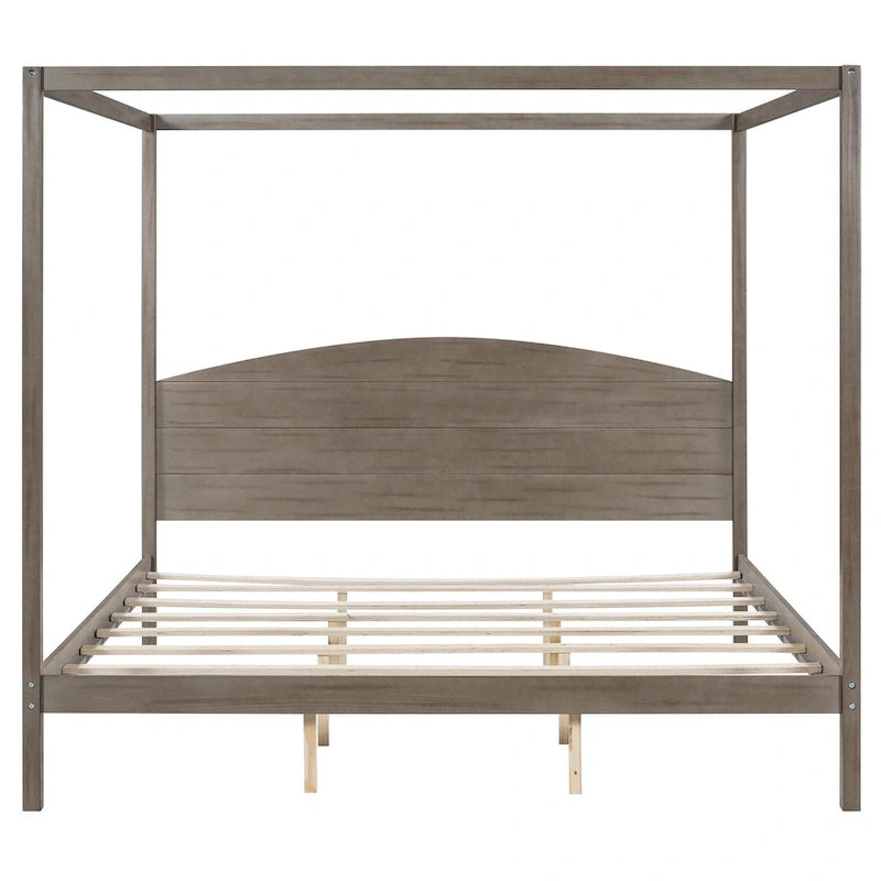 Pine Wood Canopy Platform Bed with Headboard, Support Legs, Wash Finish