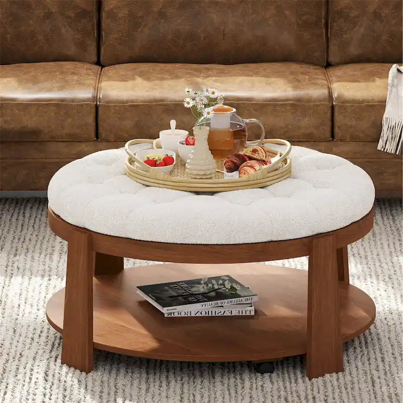 36  Round Button Tufted Upholstered Coffee Table with Wood Shelf and Wheel