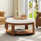 36  Round Button Tufted Upholstered Coffee Table with Wood Shelf and Wheel