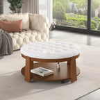 36  Round Button Tufted Upholstered Coffee Table with Wood Shelf and Wheel