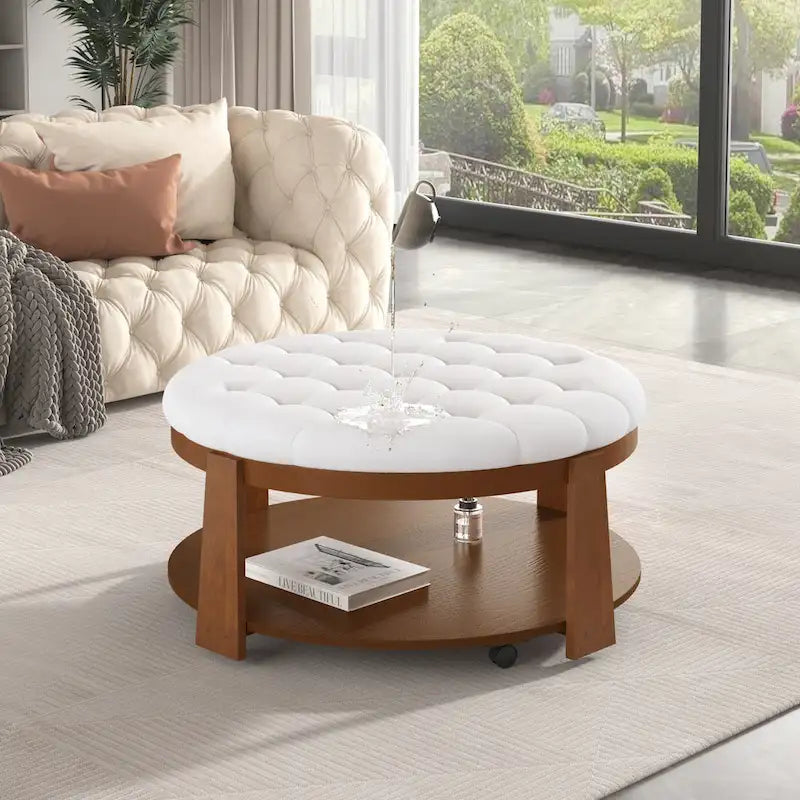 36  Round Button Tufted Upholstered Coffee Table with Wood Shelf and Wheel