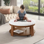 36  Round Button Tufted Upholstered Coffee Table with Wood Shelf and Wheel