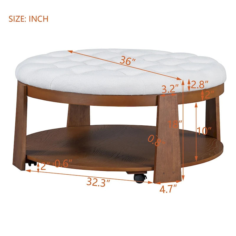 36  Round Button Tufted Upholstered Coffee Table with Wood Shelf and Wheel