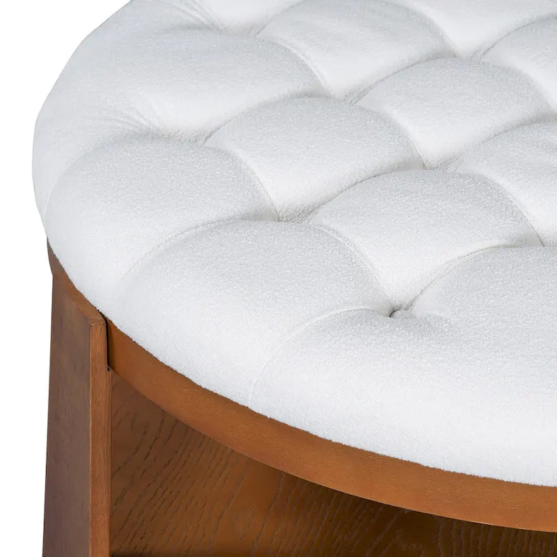 36  Round Button Tufted Upholstered Coffee Table with Wood Shelf and Wheel