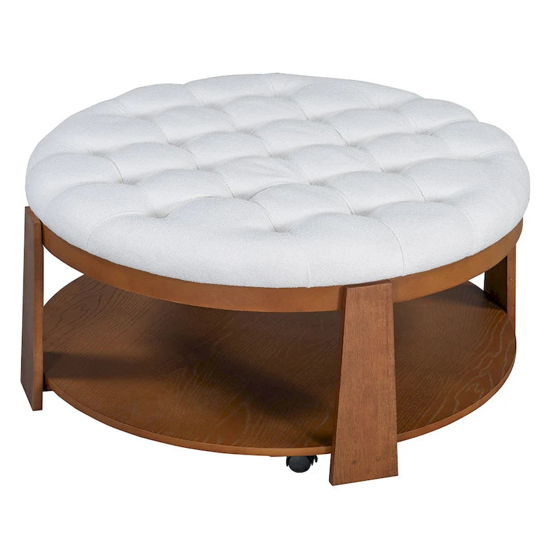 36  Round Button Tufted Upholstered Coffee Table with Wood Shelf and Wheel