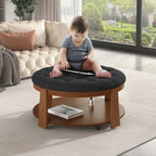 36  Round Button Tufted Upholstered Coffee Table with Wood Shelf and Wheel