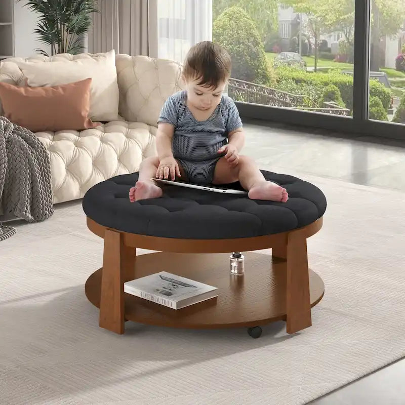 36  Round Button Tufted Upholstered Coffee Table with Wood Shelf and Wheel