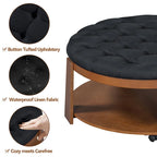36  Round Button Tufted Upholstered Coffee Table with Wood Shelf and Wheel