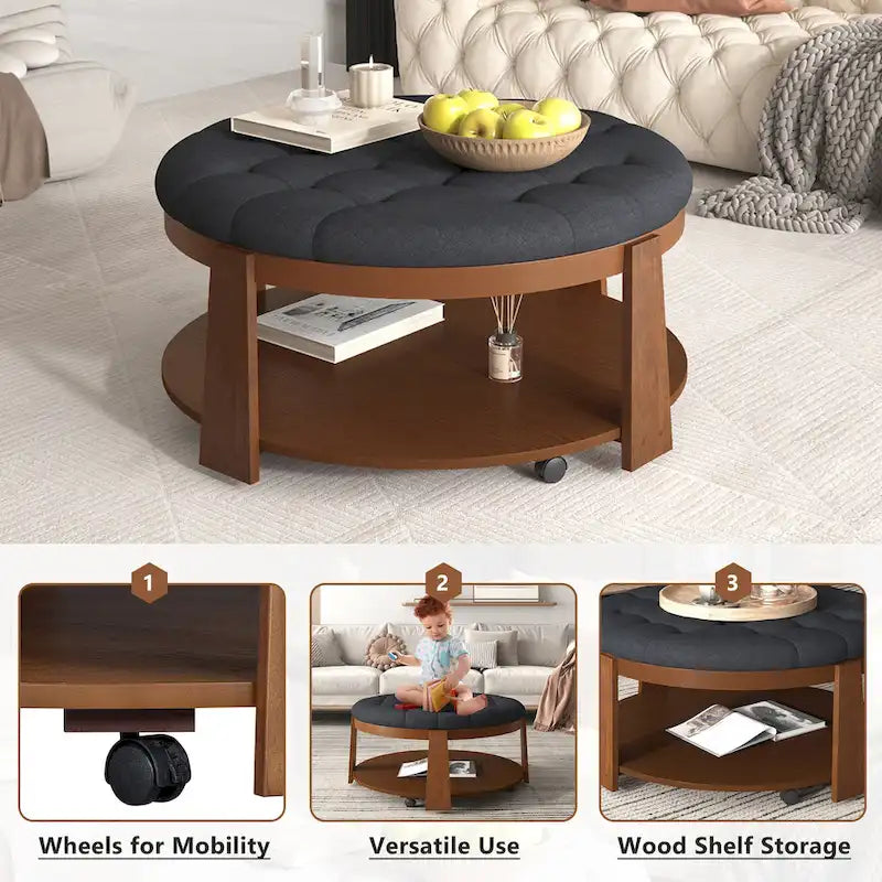 36  Round Button Tufted Upholstered Coffee Table with Wood Shelf and Wheel