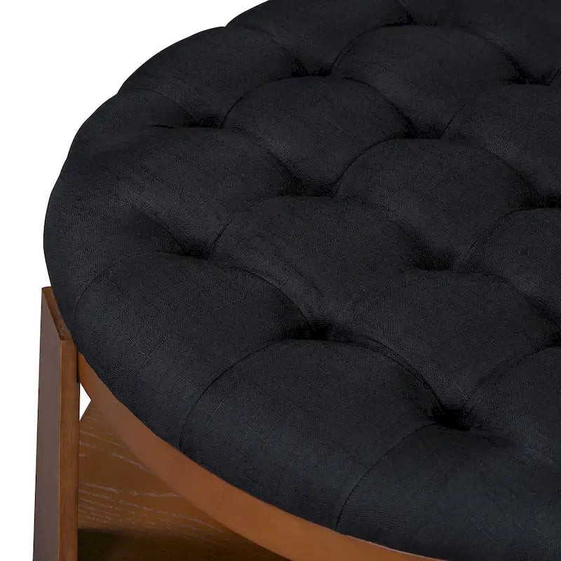 36  Round Button Tufted Upholstered Coffee Table with Wood Shelf and Wheel