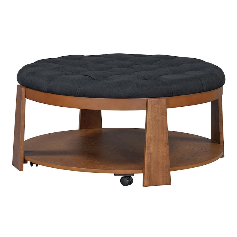36  Round Button Tufted Upholstered Coffee Table with Wood Shelf and Wheel