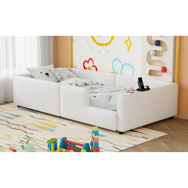 Twin Upholstered Bed with Guardrail & Charging Station