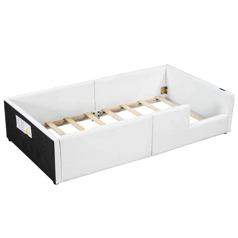 Twin Upholstered Bed with Guardrail & Charging Station