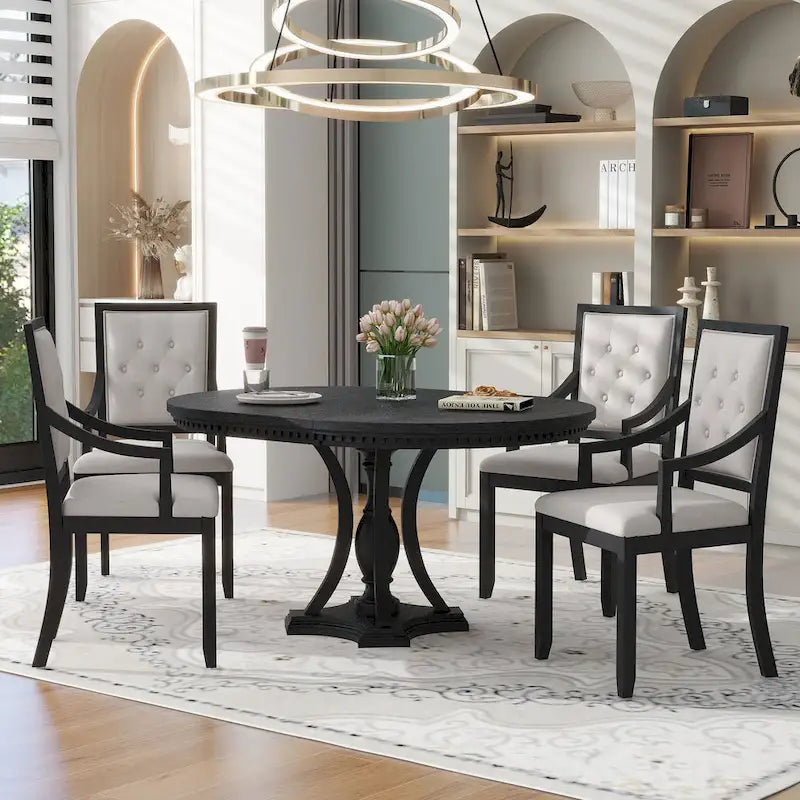 Black 5-Piece Wooden Dining Table Set with Extendable Round Table & 4 Armchairs
