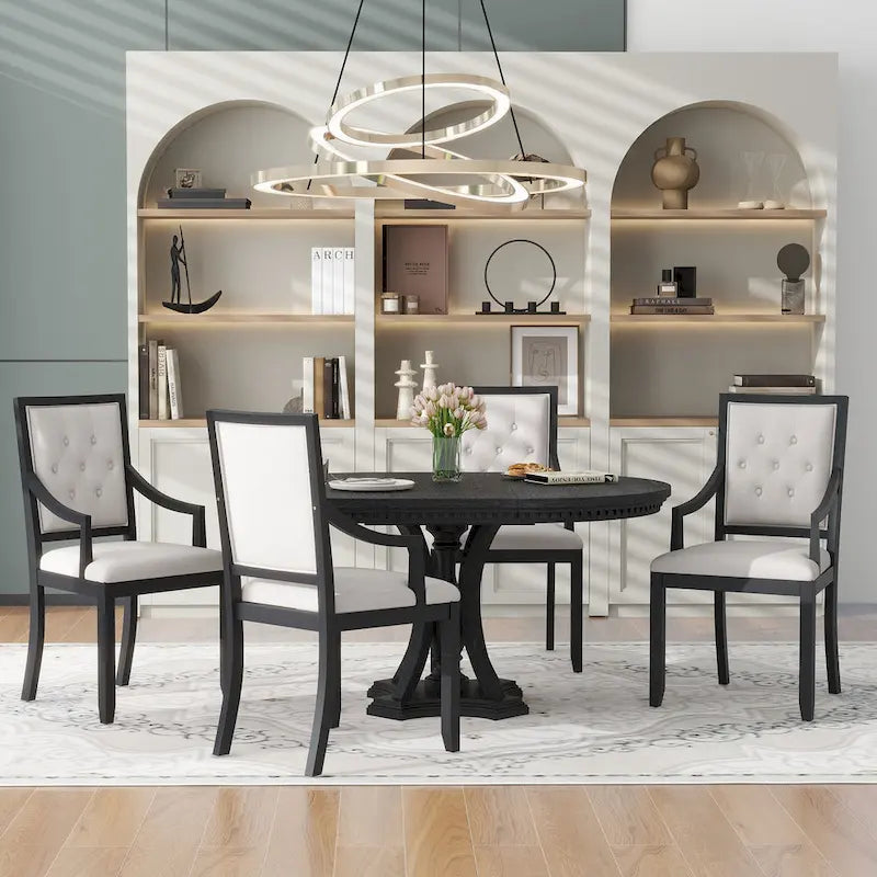 Black 5-Piece Wooden Dining Table Set with Extendable Round Table & 4 Armchairs