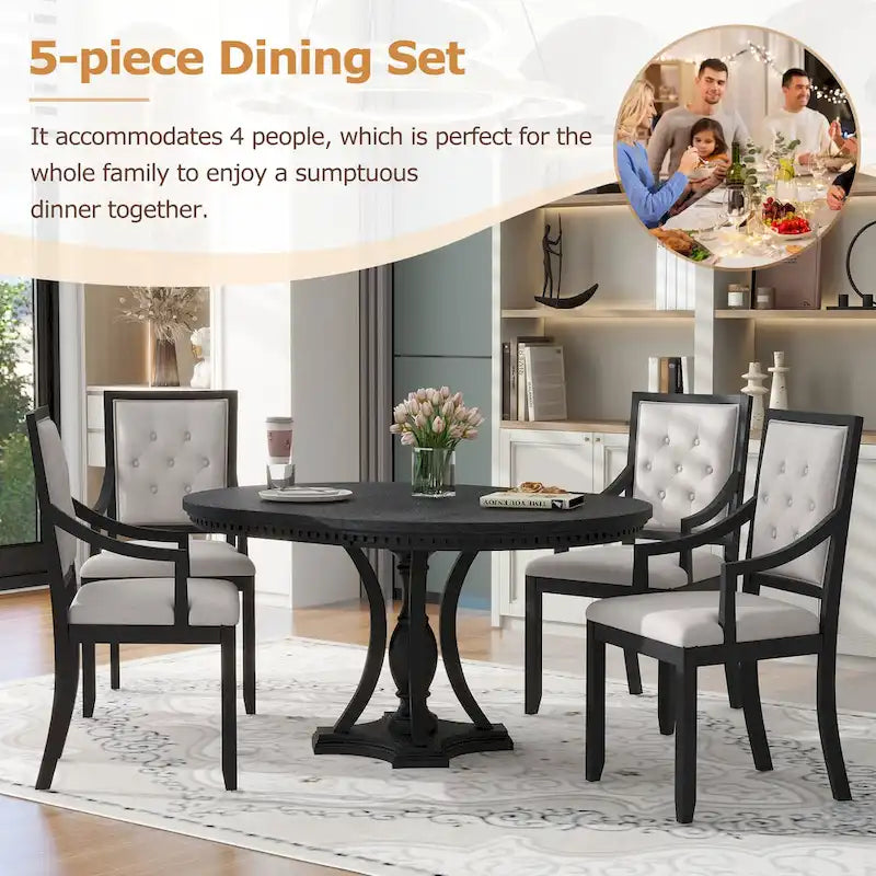 Black 5-Piece Wooden Dining Table Set with Extendable Round Table & 4 Armchairs
