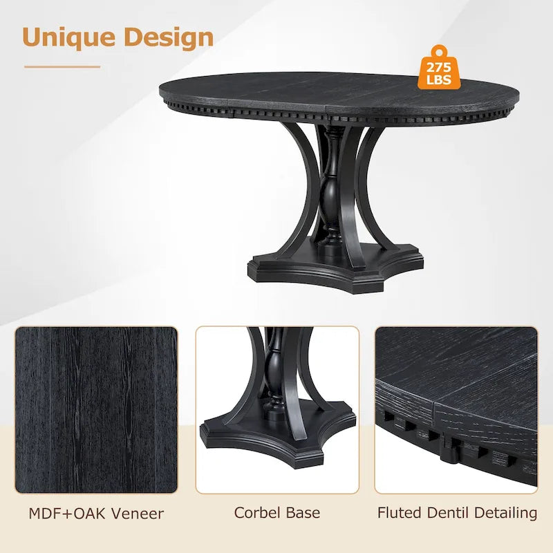 Black 5-Piece Wooden Dining Table Set with Extendable Round Table & 4 Armchairs