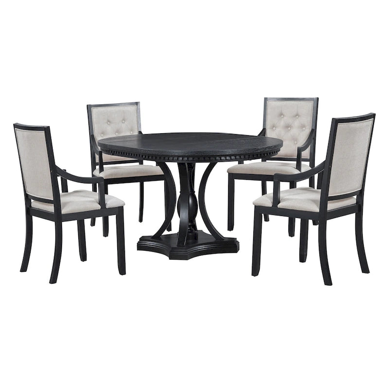 Black 5-Piece Wooden Dining Table Set with Extendable Round Table & 4 Armchairs