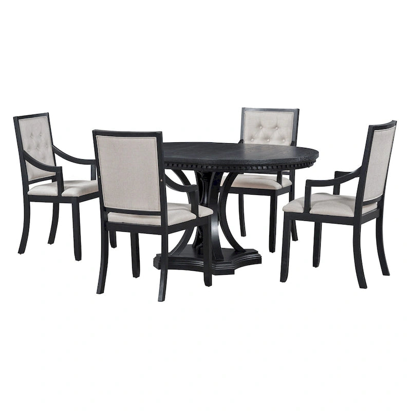 Black 5-Piece Wooden Dining Table Set with Extendable Round Table & 4 Armchairs