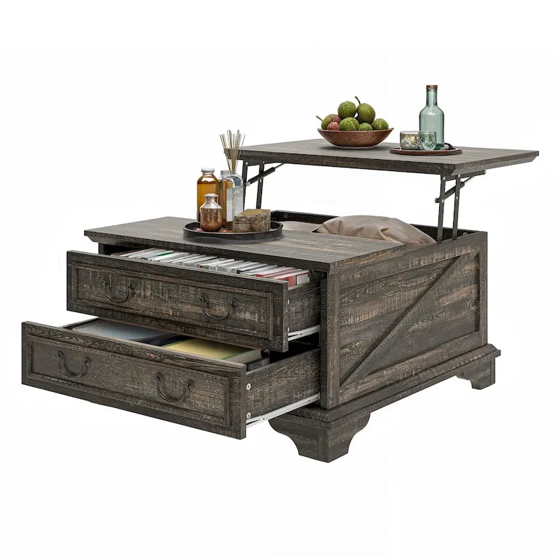 Moasis Farmhouse Lift Top Coffee Table Square Wood Center Table with Storage and 2 Drawers