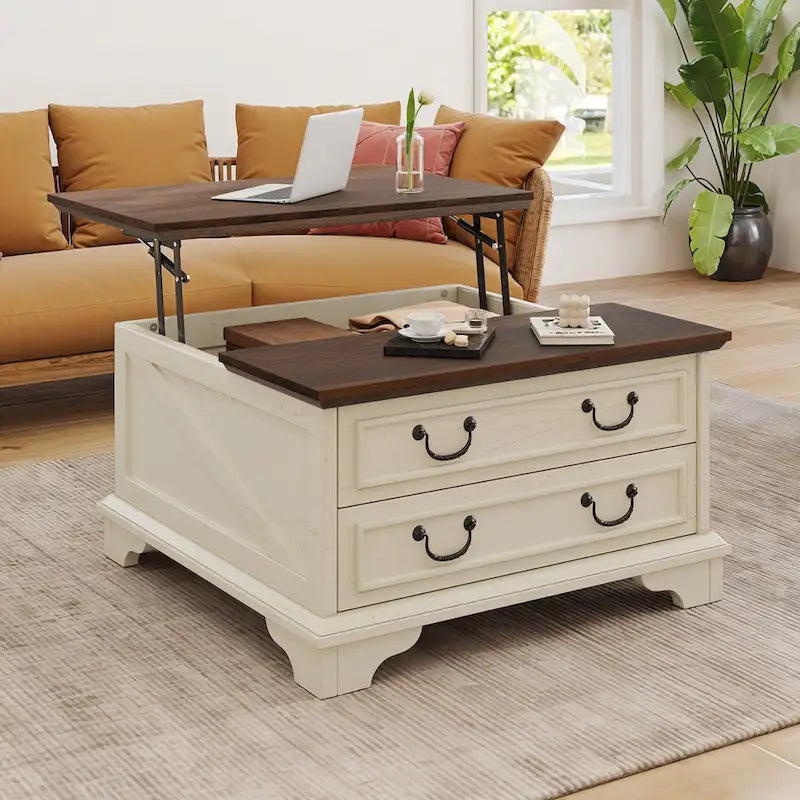 Moasis Farmhouse Lift Top Coffee Table Square Wood Center Table with Storage and 2 Drawers