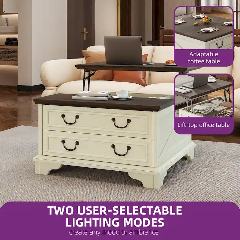Moasis Farmhouse Lift Top Coffee Table Square Wood Center Table with Storage and 2 Drawers