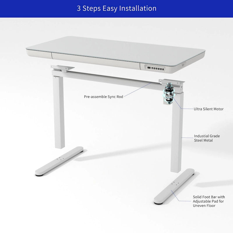 KOWO 48 Inch Glass Electric Standing Desk with Tempered Glass Top Adjustable Height Sit Stand Workstation for Modern Office