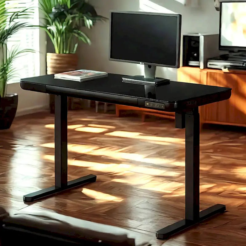 KOWO 48 Inch Glass Electric Standing Desk with Tempered Glass Top Adjustable Height Sit Stand Workstation for Modern Office