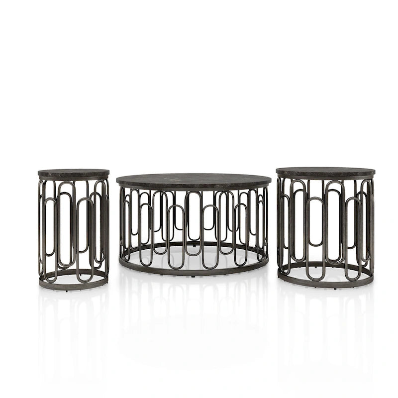 Lars Modern 3-Piece Round Table Set with Marble Top, Sturdy Decorative Metal Base by Furniture of America