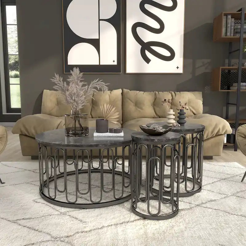 Lars Modern 3-Piece Round Table Set with Marble Top, Sturdy Decorative Metal Base by Furniture of America