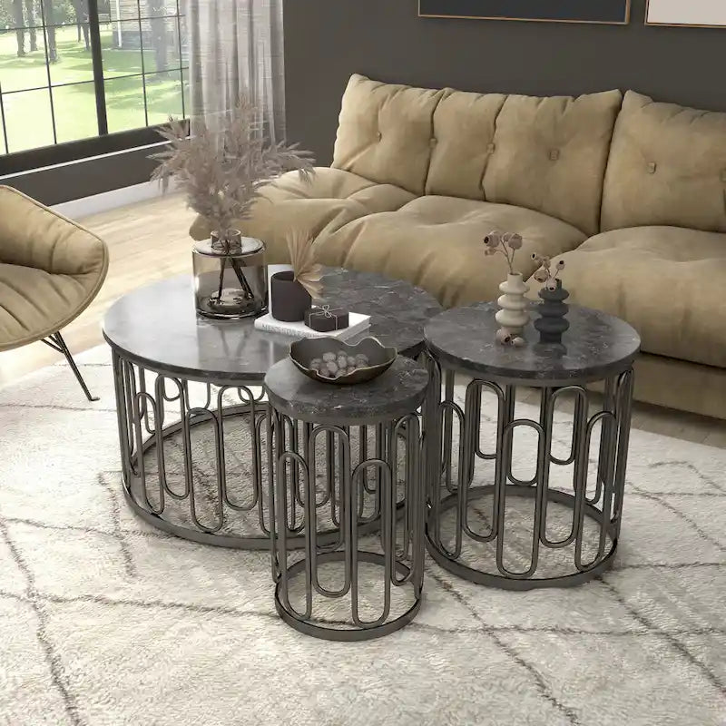 Lars Modern 3-Piece Round Table Set with Marble Top, Sturdy Decorative Metal Base by Furniture of America
