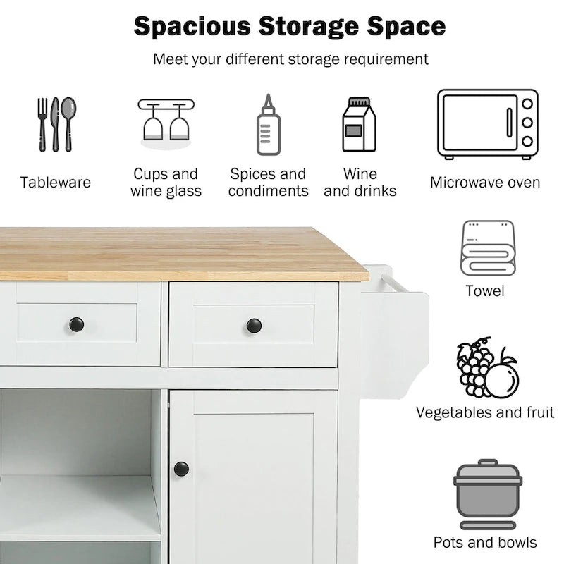 Rubber Wood Drop-Leaf Kitchen Cart with Internal Storage Racks and Rolling Casters