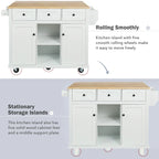 Rubber Wood Drop-Leaf Kitchen Cart with Internal Storage Racks and Rolling Casters