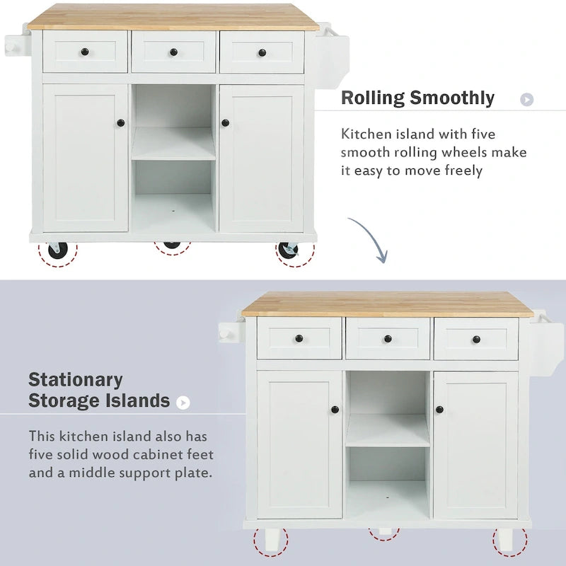 Rubber Wood Drop-Leaf Kitchen Cart with Internal Storage Racks and Rolling Casters