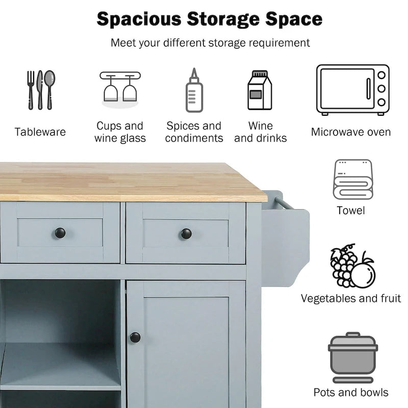 Rubber Wood Drop-Leaf Kitchen Cart with Internal Storage Racks and Rolling Casters