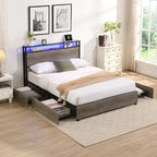 Wood and Metal Charging Platform Bed with Storage Headboard
