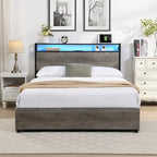 Wood and Metal Charging Platform Bed with Storage Headboard