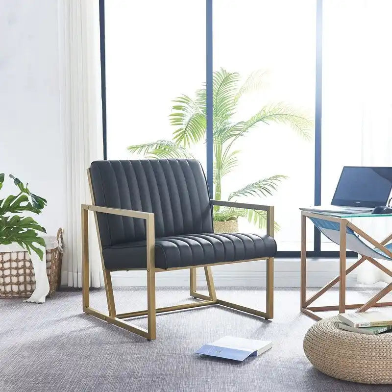 Mid Century Modern Accent Chair with Metal Frame, PU Leather Single Sofa, Reading Armchair for Living Room, Bedroom, Cafe