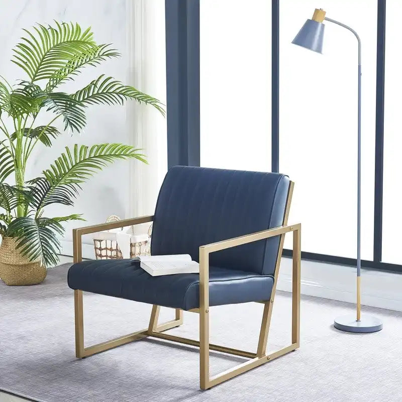 Mid Century Modern Accent Chair with Metal Frame, PU Leather Single Sofa, Reading Armchair for Living Room, Bedroom, Cafe
