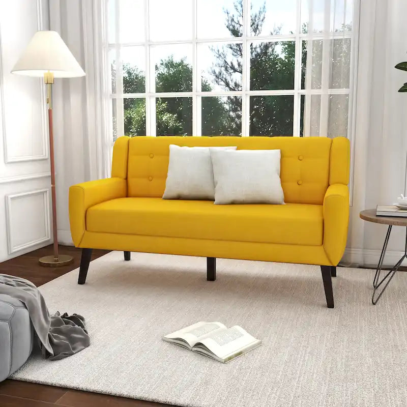 Modern Curved 63  Button Tufted Upholstered Loveseat with 2 Pillows