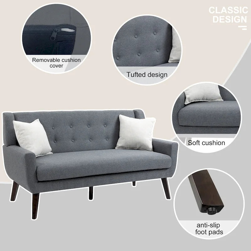 Modern Curved 63  Button Tufted Upholstered Loveseat with 2 Pillows